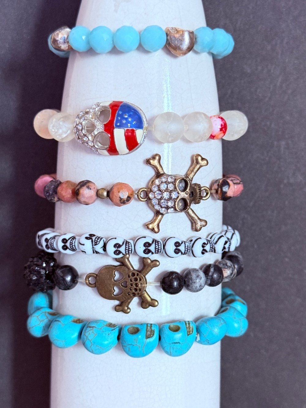 RESELLER LOT of 6 Skull Stretch Beaded Bracelets SELL, WEAR, GIFT